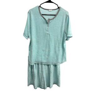 Silver Wear Light Blue Terrycloth Lounge Set Henley Top Elastic Waist Shorts